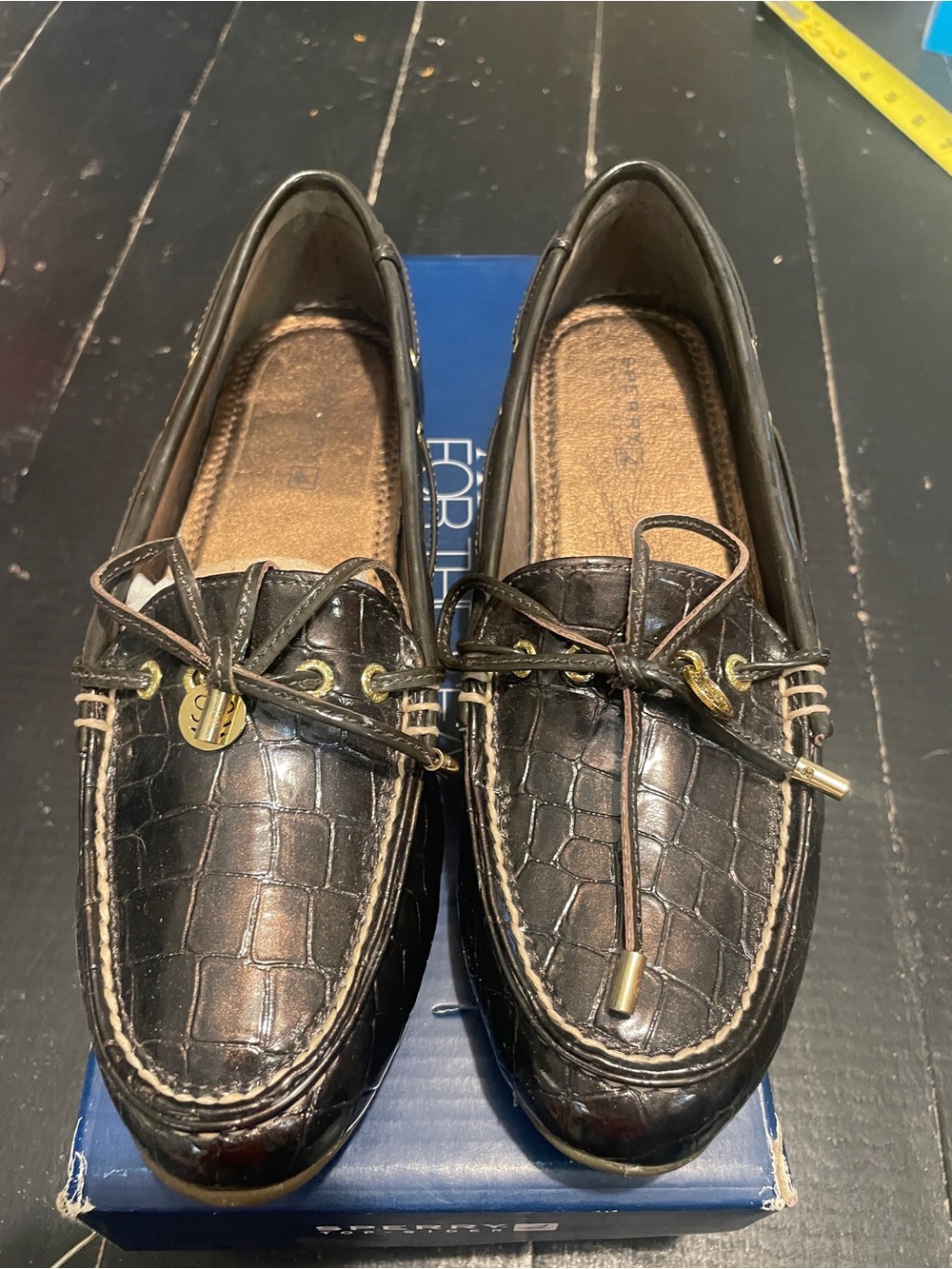 Sperry Croc-Embossed Leather Loafers in Dark Brown with Gold Accents